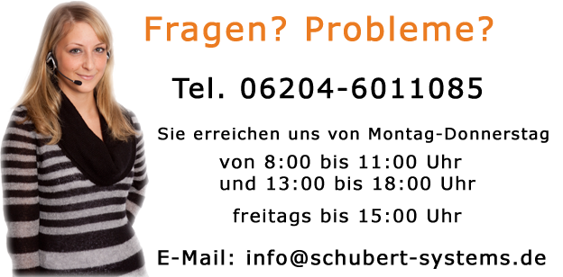 Hier finden Sie einen Überblick über unsere Kontaktmöglichkeiten. Kontaktmöglichkeiten: Tel. 0800-101 686 5 (kostenlos) oder per E-Mail an: info@schubert-systems.de