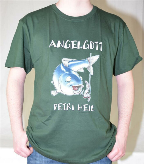 T-Shirt Angelgott - Petri Heil mit Fisch und Haken als Motiv Gr. S
