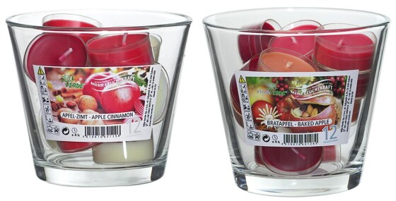 12 Teelichter mit Duft Bratapfel oder Apfel-Zimt komplett mit Glas