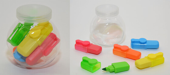 5 Mini Textmarker in verschiedenen Farben im Set mit Bonbonglas aus Kunststoff