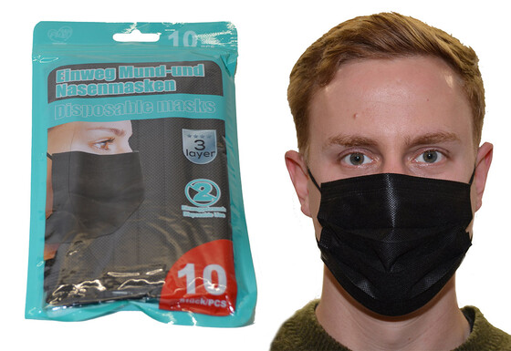 10er Packung Einwegmaske Mund- und Nasenmaske 3-lagig schwarz mit Nasenb&uuml;gel