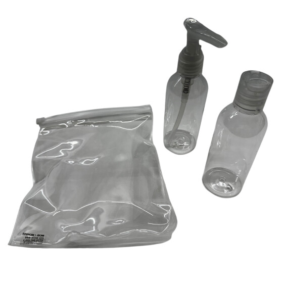 Reiseset Flaschenset aus PET im Etui mit 100ml Flaschen für div. Flüssigkeiten