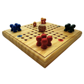 Brettspiel aus Holz für die Reise mit Brett Spielfiguren und Würfel mit Säckchen