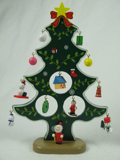 Weihnachtsbaum aus Holz 21cm mit 12 Anh&auml;ngern / ideal f&uuml;r den Schreibtisch 